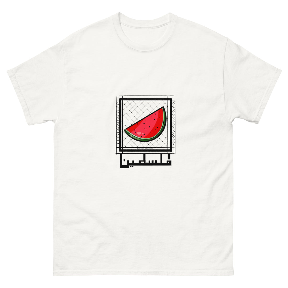 white color unisex classic tee with watermelon palestine design rajaeen