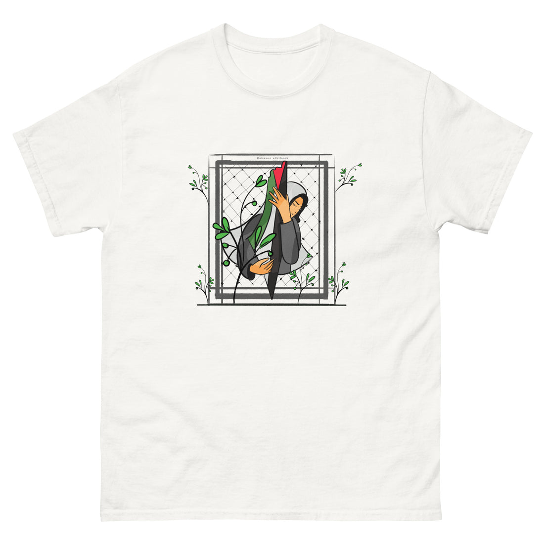 palestine girl grabbing flag art white color unisex classic t‑shirt rajaeen