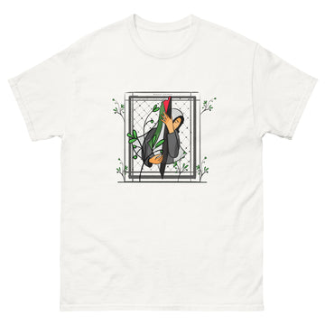 palestine girl grabbing flag art white color unisex classic t‑shirt rajaeen