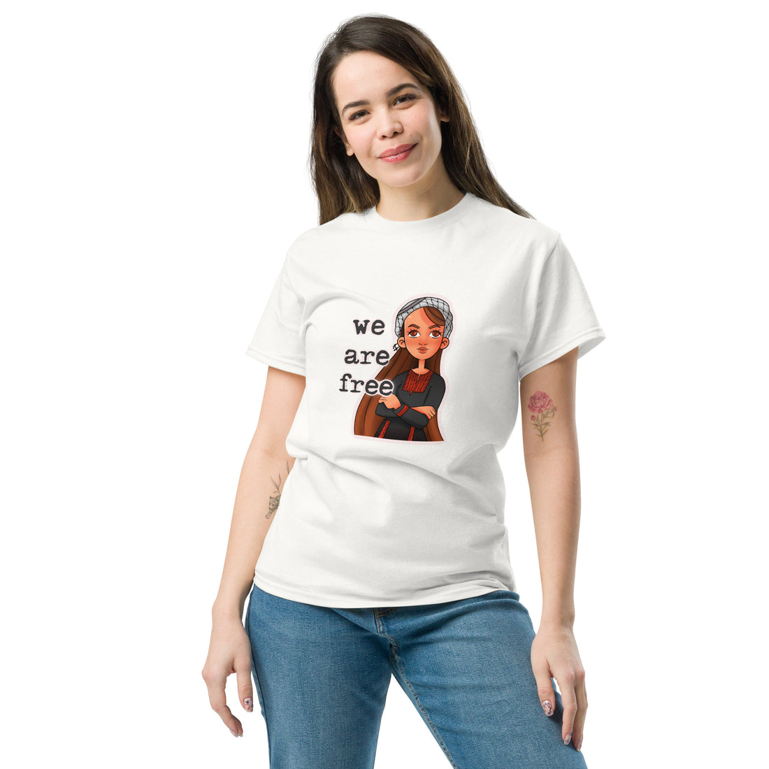 we are free palestinian art unisex tee white color rajaeen