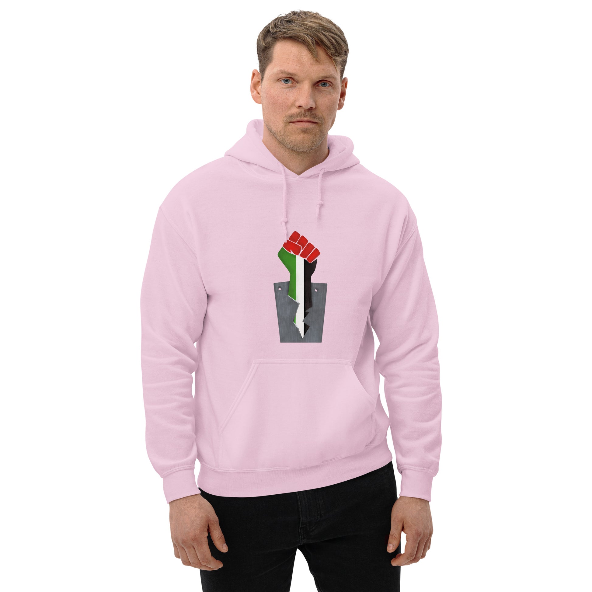 fist with palestine flag colors design unisex hoodie light pink color rajaeen