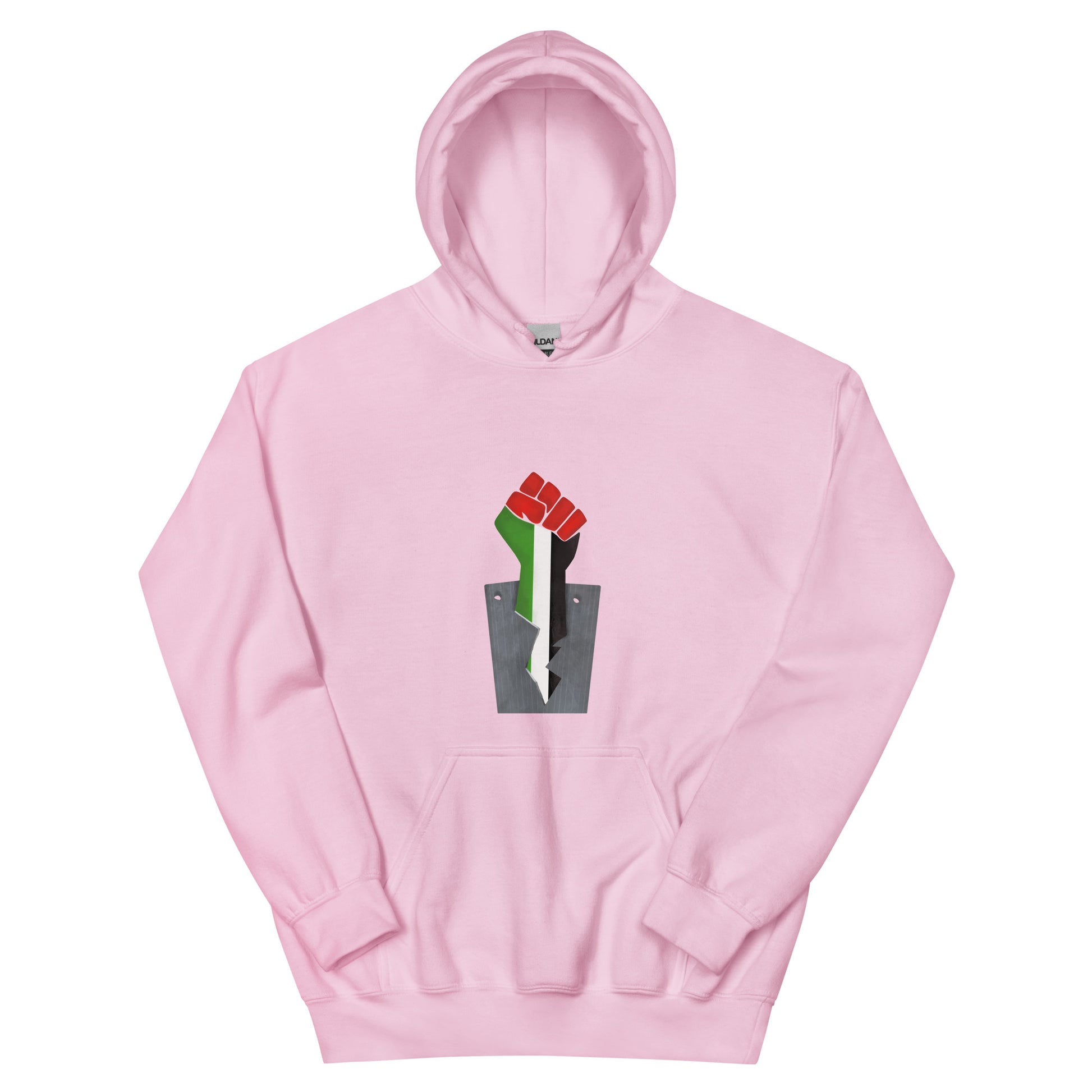 fist with palestine flag colors design unisex hoodie light pink color rajaeen