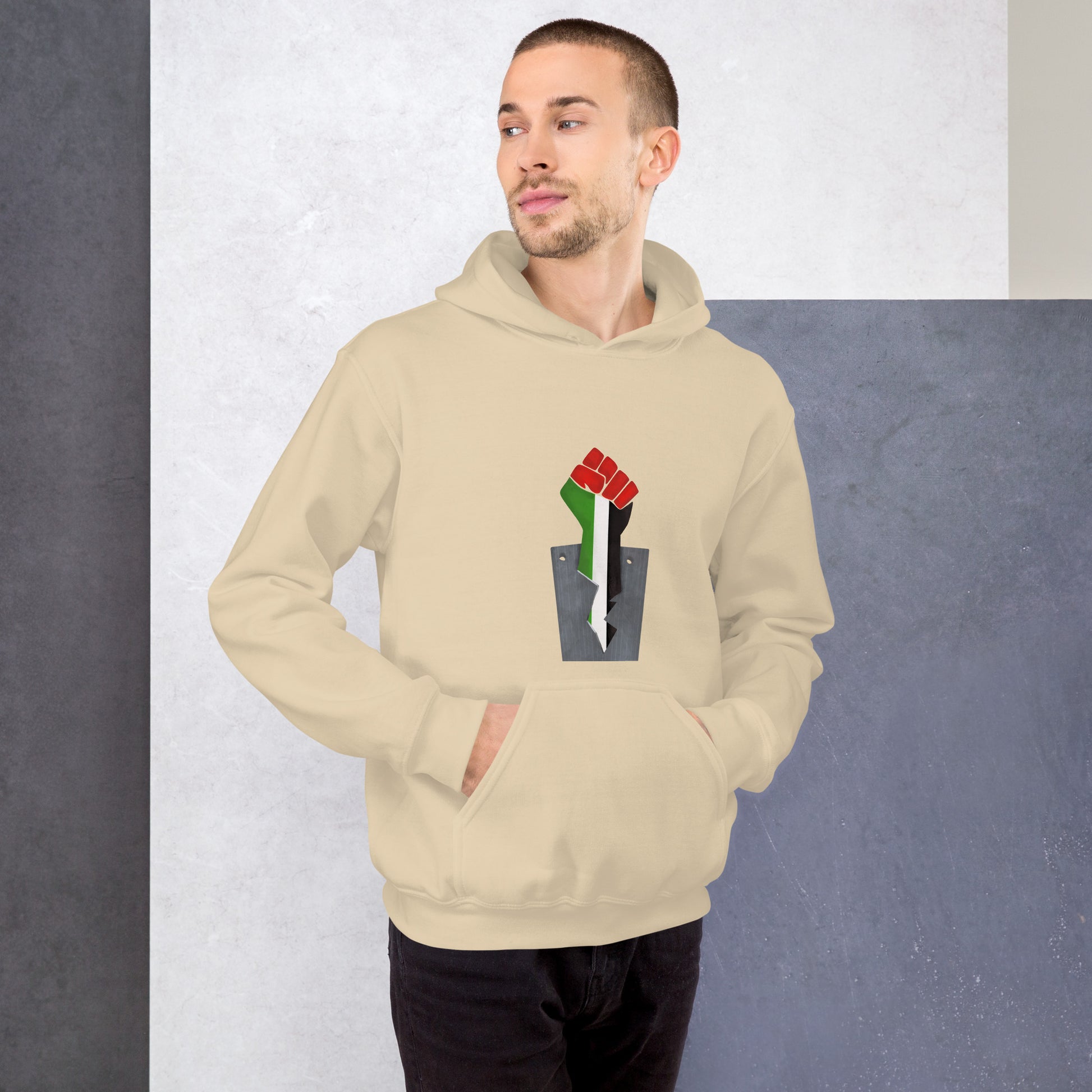 fist with palestine flag colors design unisex hoodie sand color rajaeen