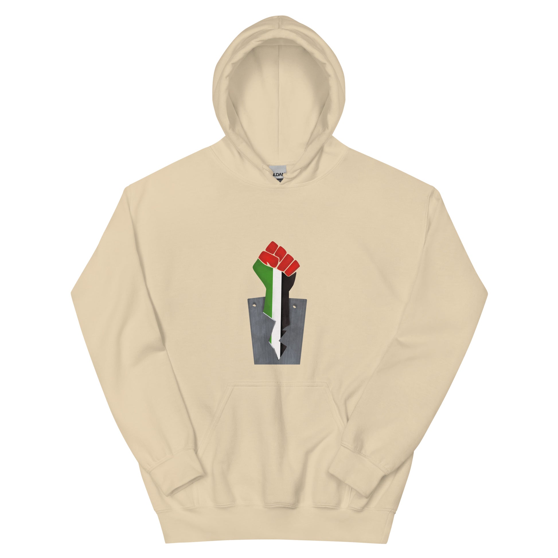 fist with palestine flag colors design unisex hoodie sand color rajaeen