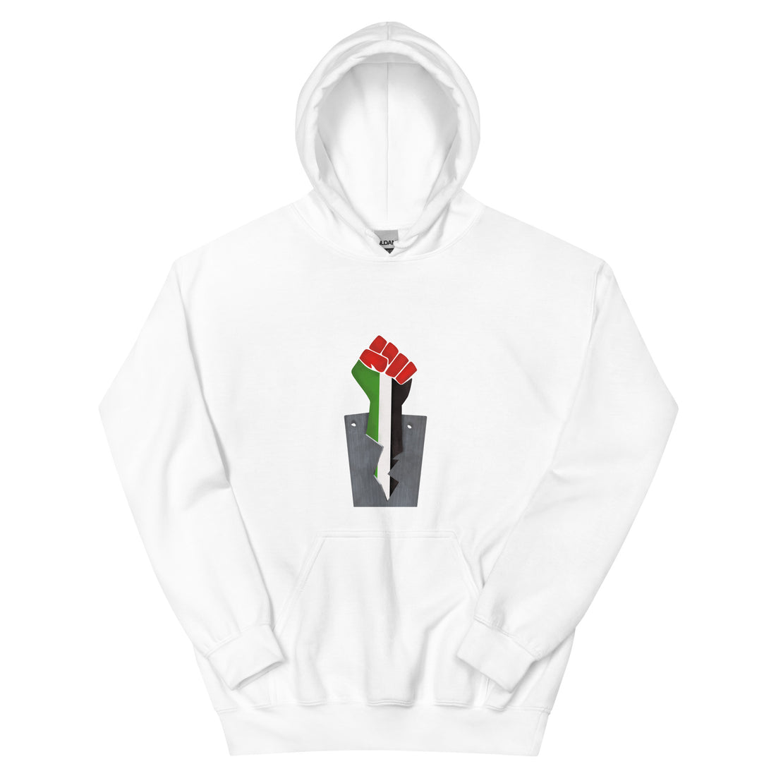 fist with palestine flag colors design unisex hoodie white rajaeen