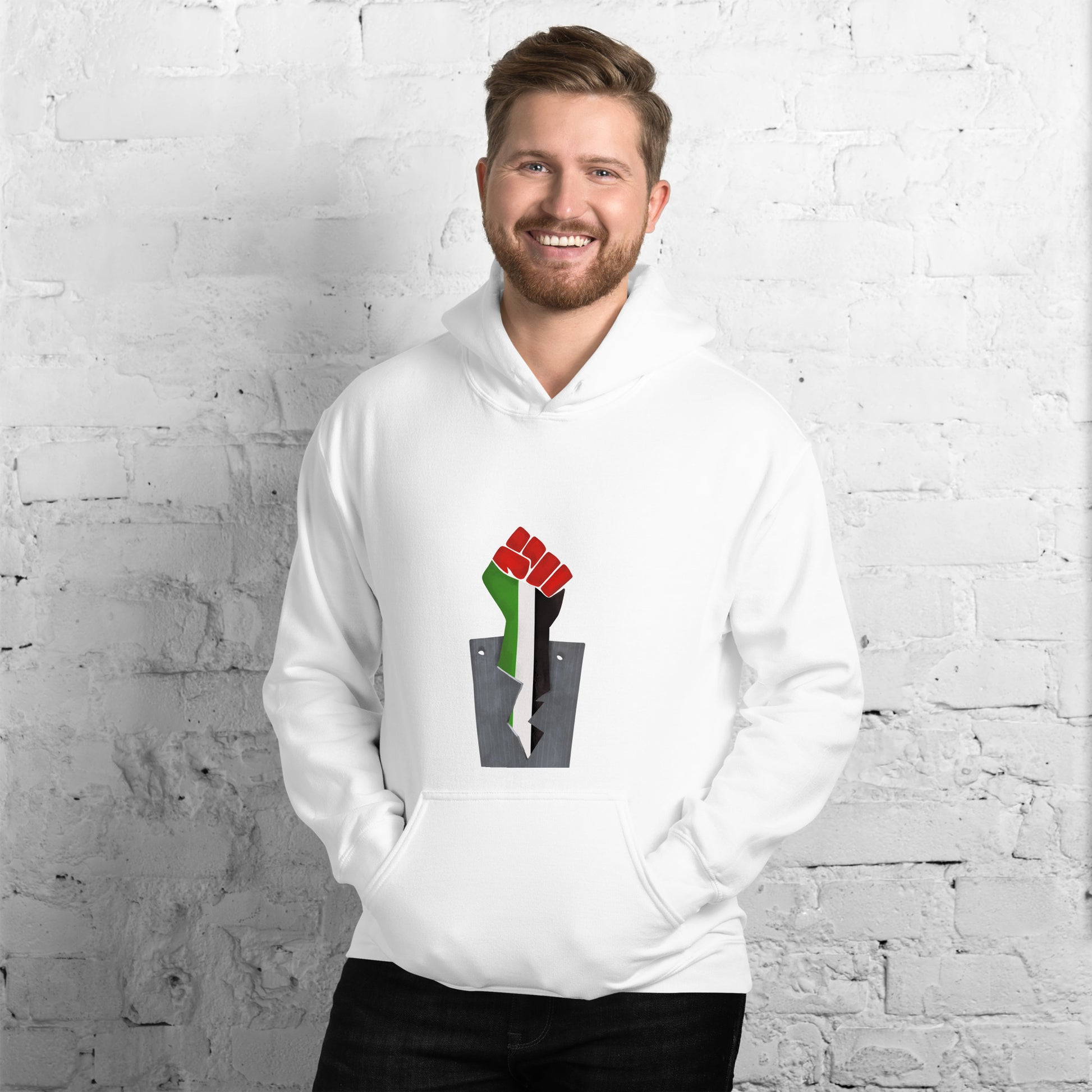 fist with palestine flag colors design unisex hoodie white color rajaeen