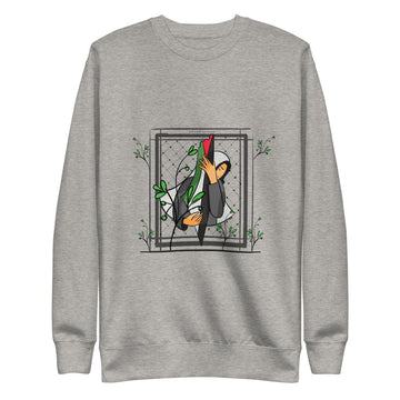 carbon grey color unisex premium sweatshirt girl grabbing palestine flag artwork rajaeen