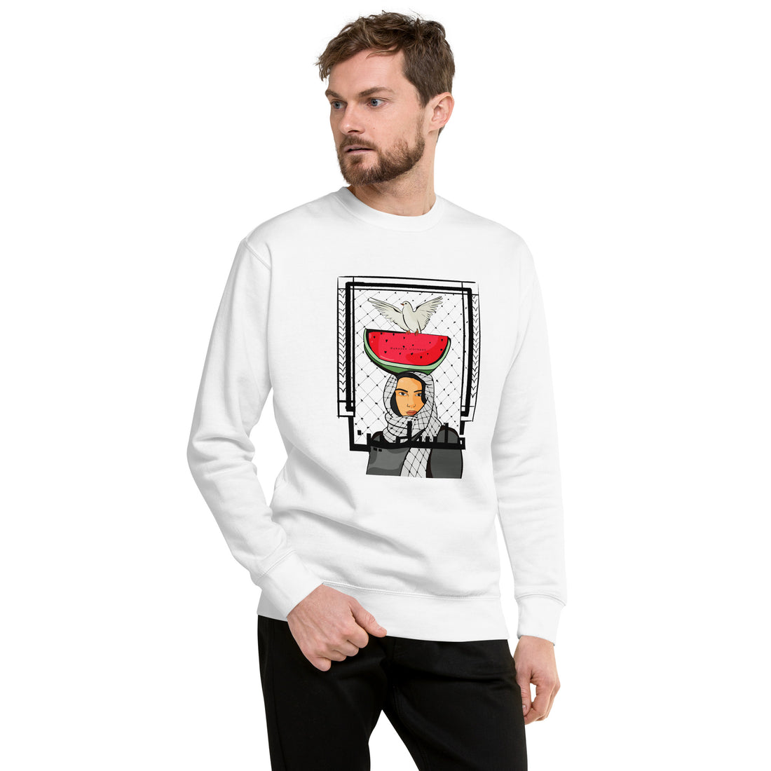 white color unisex sweatshirt with palestine girl watermelon design rajaeen