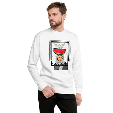 white color unisex sweatshirt with palestine girl watermelon design rajaeen