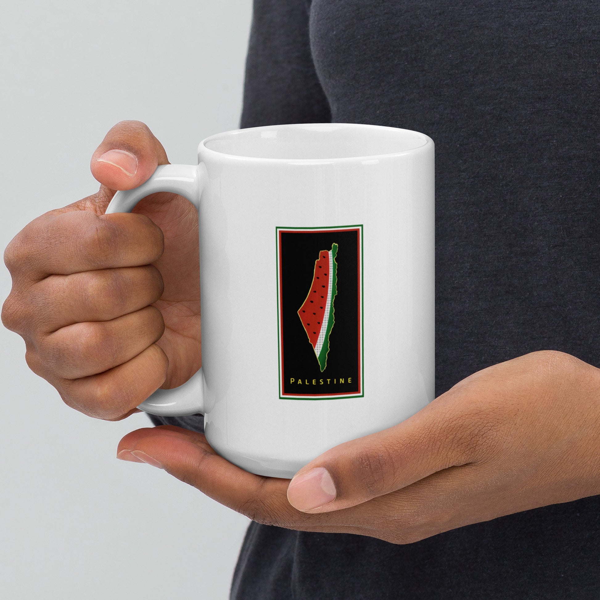 white glossy mug with watermelon and palestine map design rajaeen