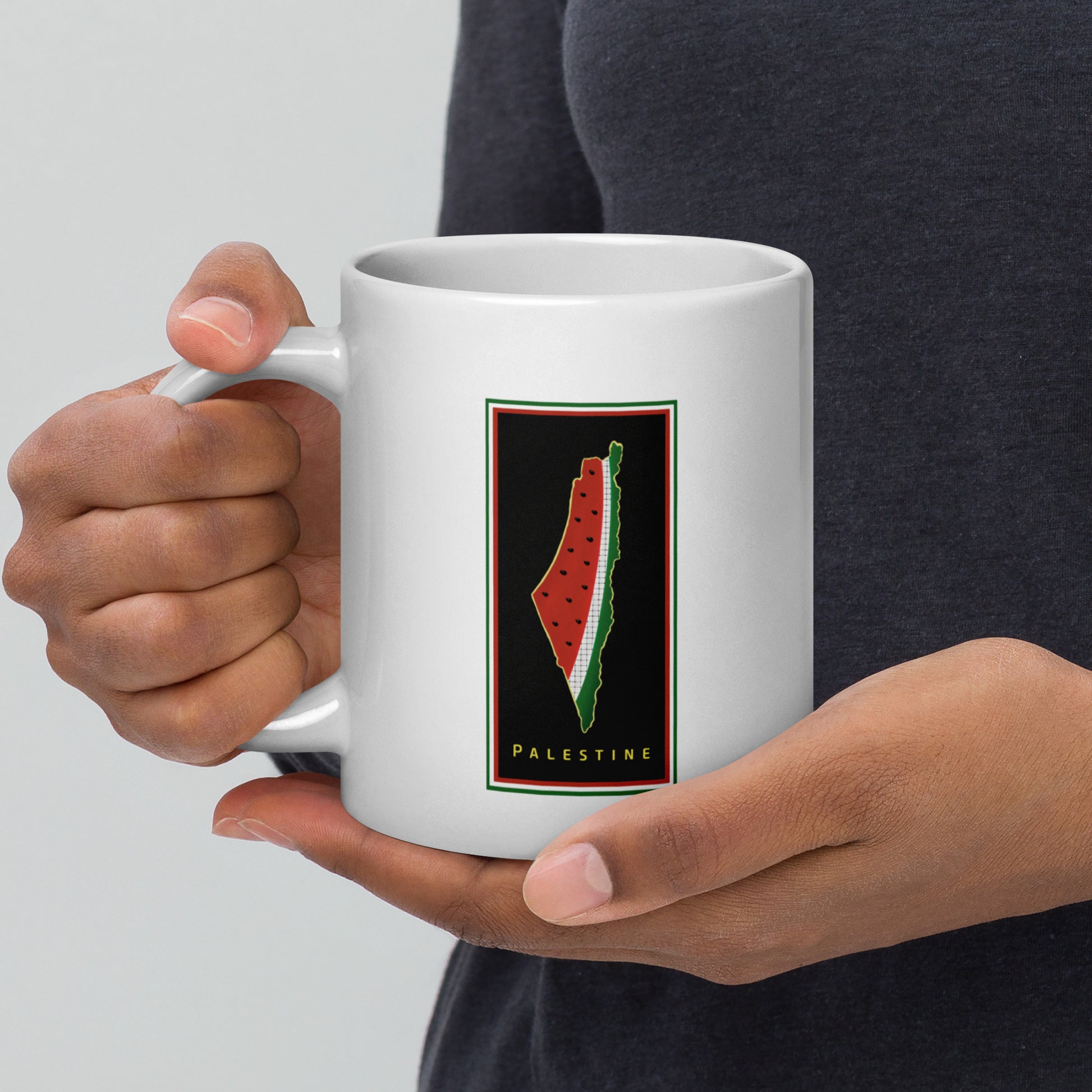 white glossy mug with watermelon and palestine map design rajaeen