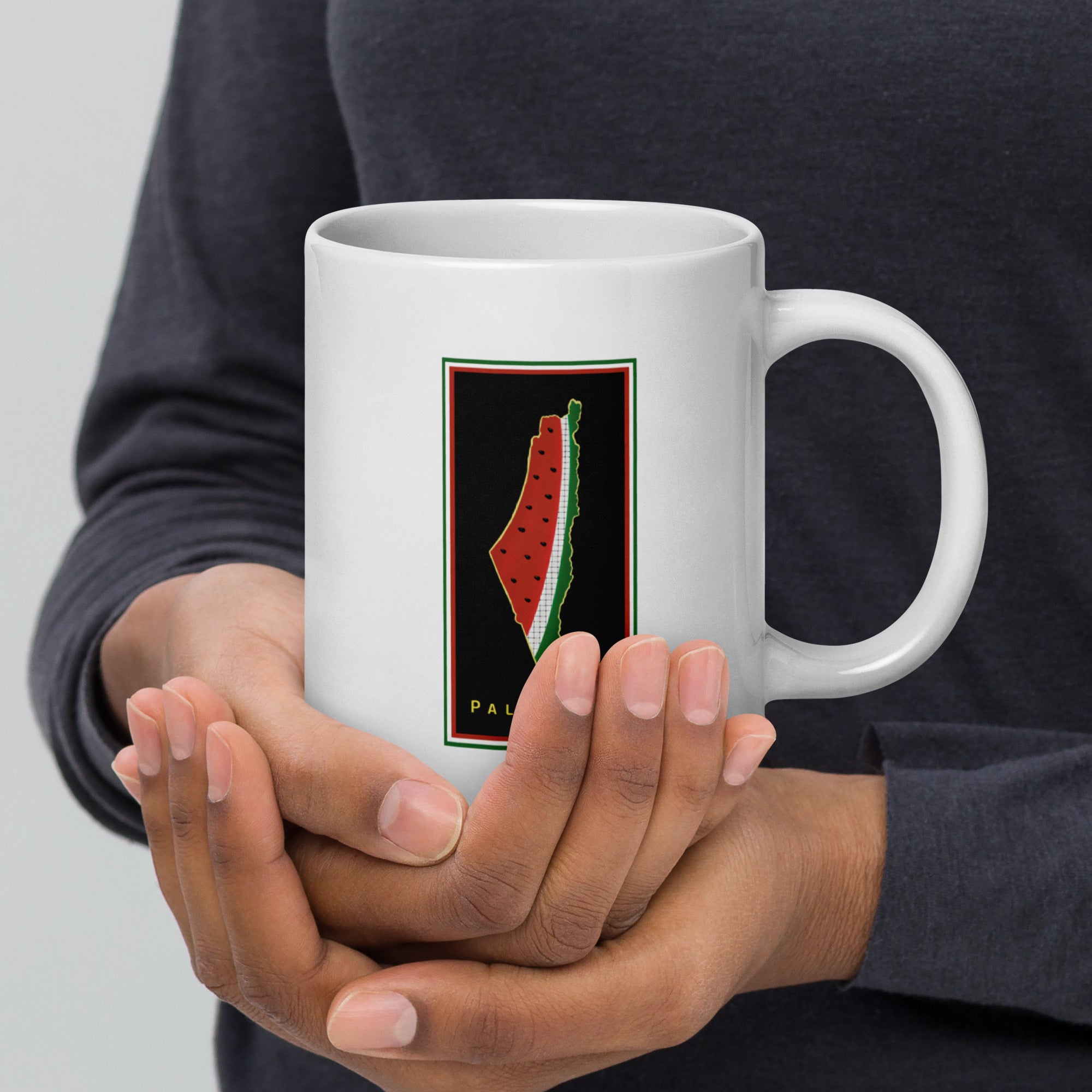 glossy white mug with watermelon and palestine map design rajaeen