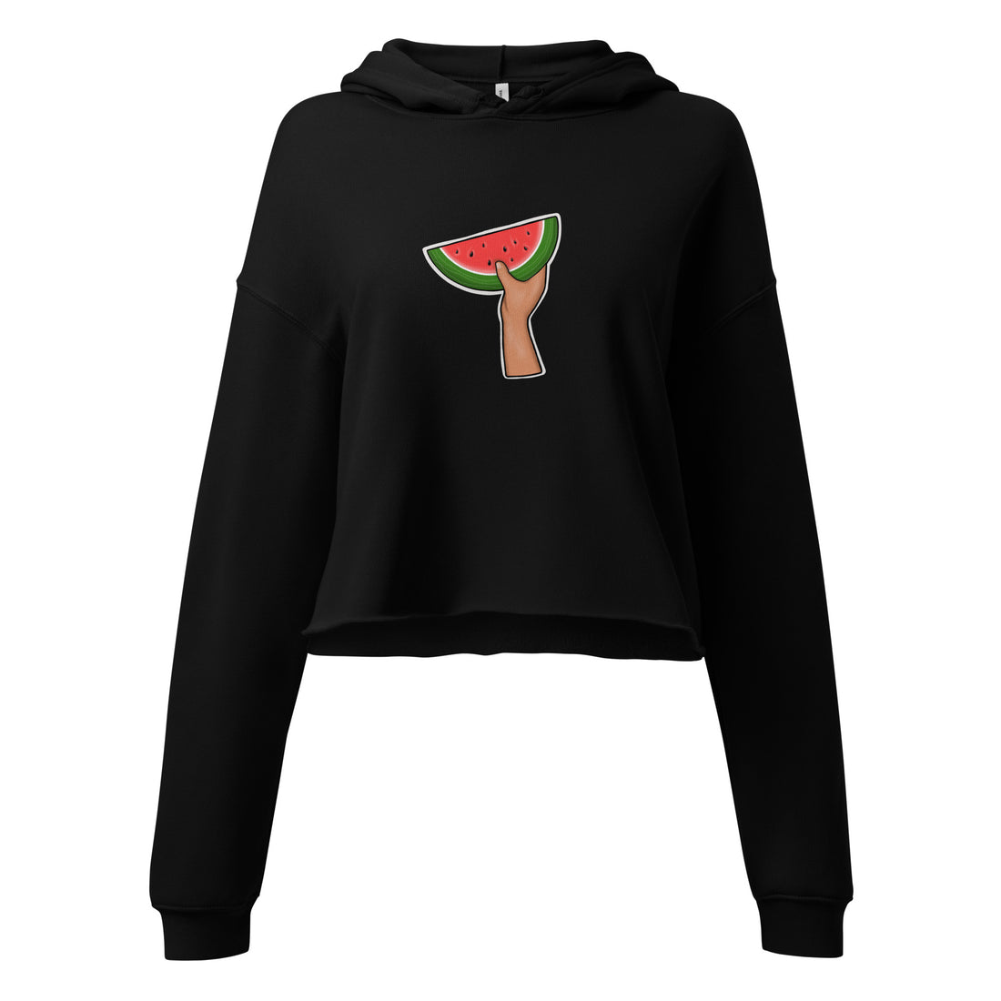 black crop hoodie with hand holding watermelon illustration rajaeen