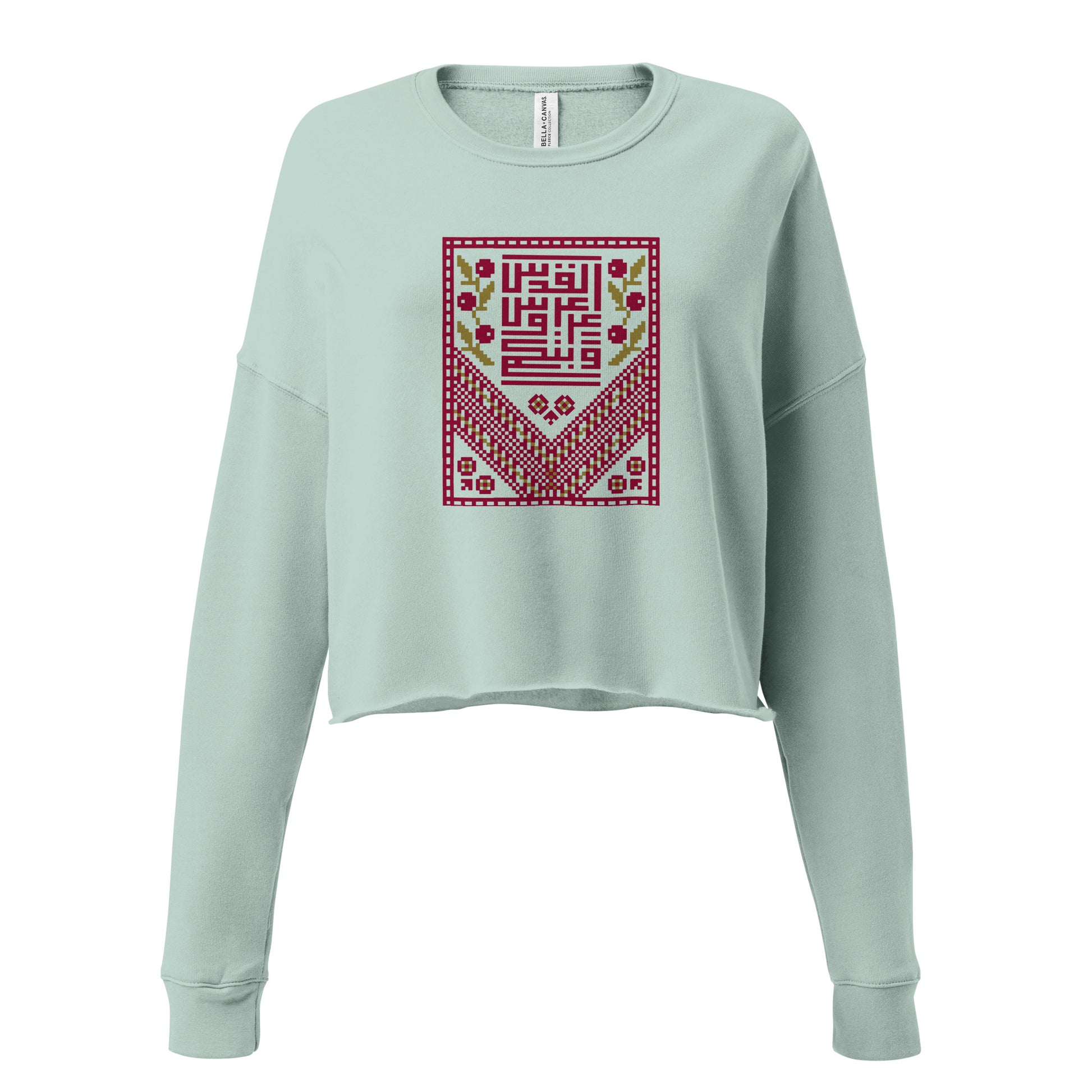 dusty blue color crop sweatshirt with tatreez design rajaeen